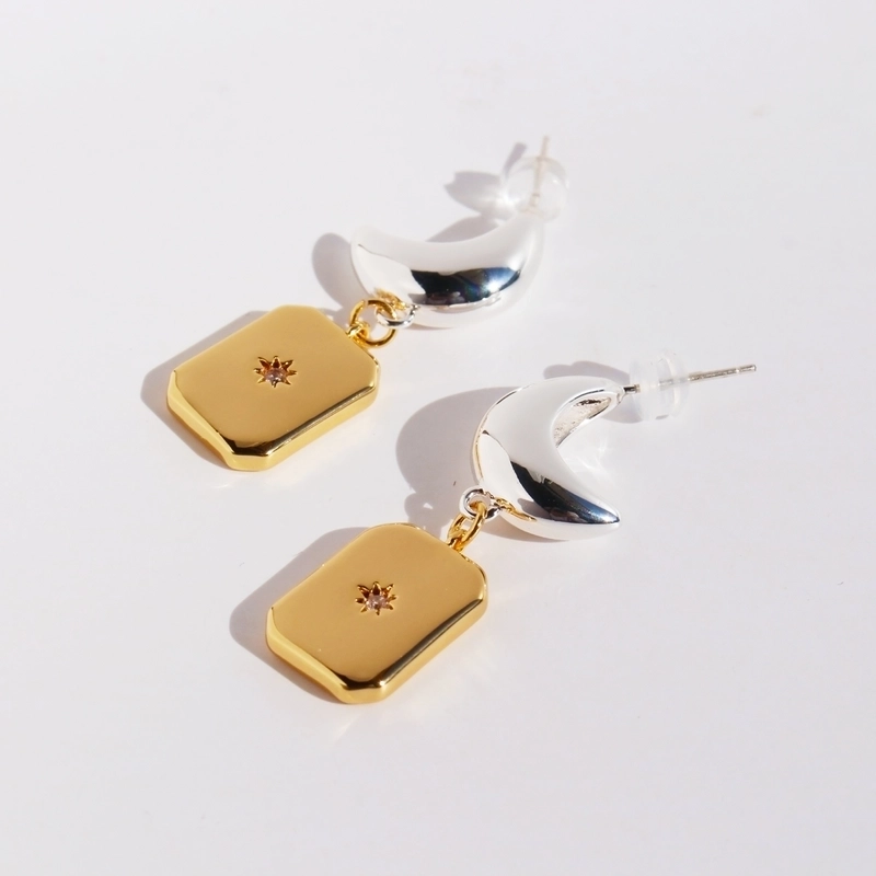 1 Pair Hip-Hop Streetwear Cool Style Geometric Moon Inlay Brass Zircon 24K Gold Plated Drop Earrings
