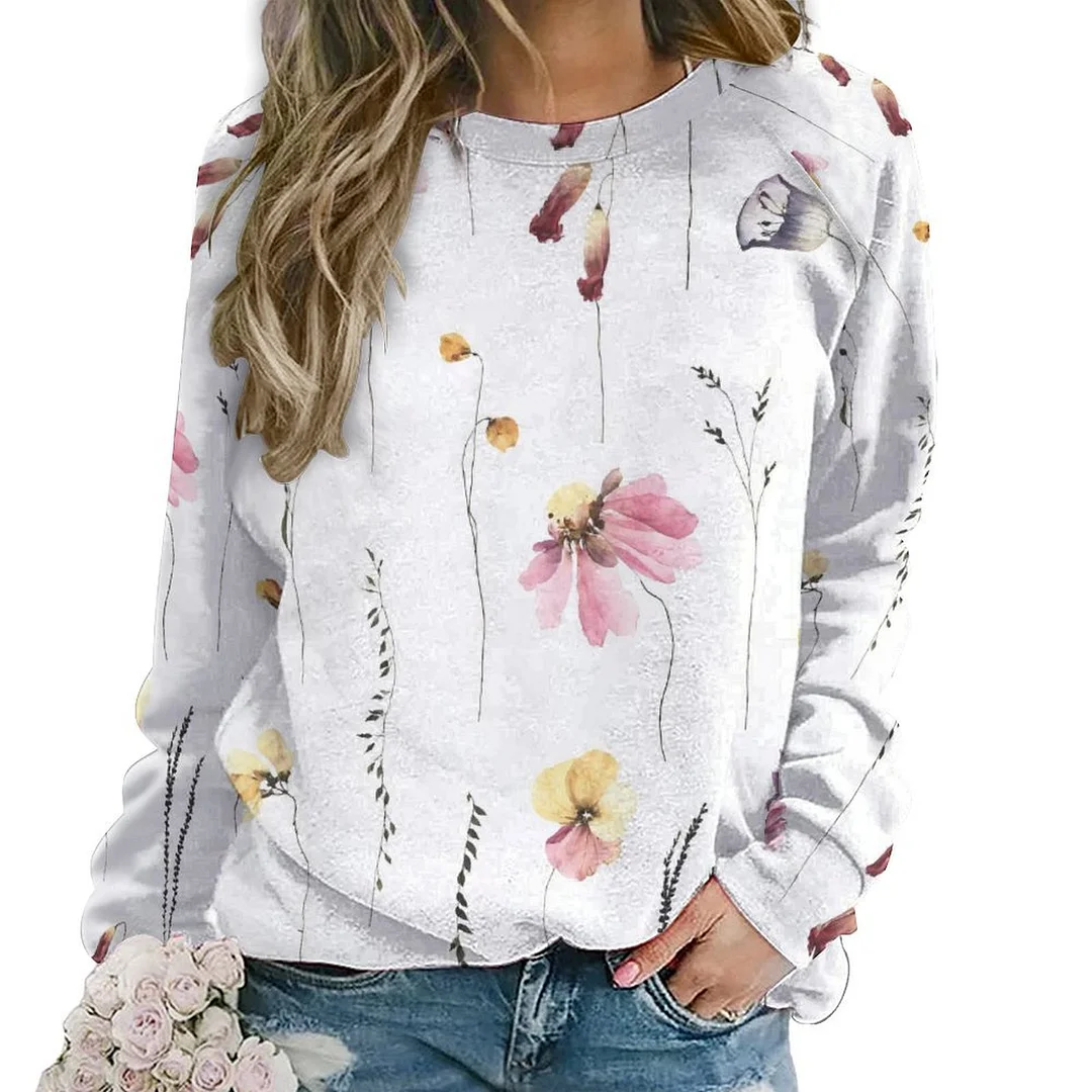 Printed Long Sleeve Casual Sweatshirt for  Women and Men Unisex Pattern Floral, Purple, Pink