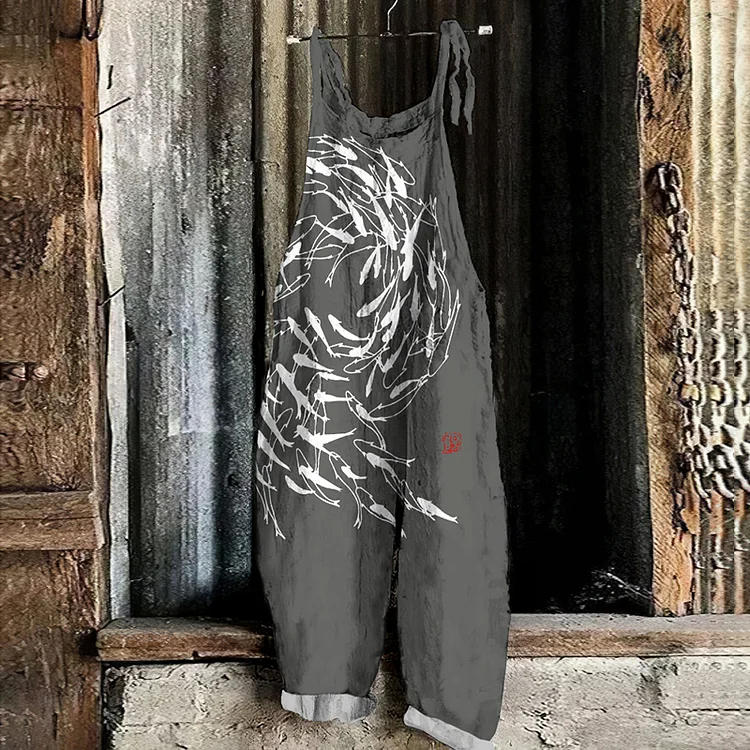 Vintage Flock Of Fish Graphic Painting Art Loose Jumpsuit