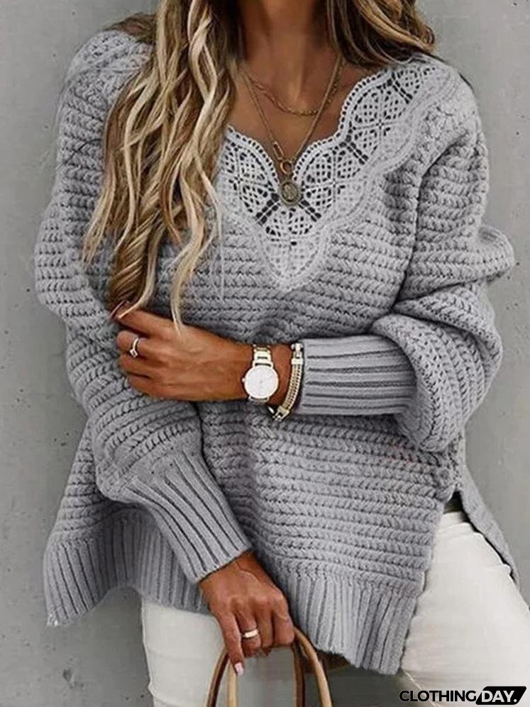 Women's Sweaters Lace Stitching V-Neck Long Sleeve Sweater