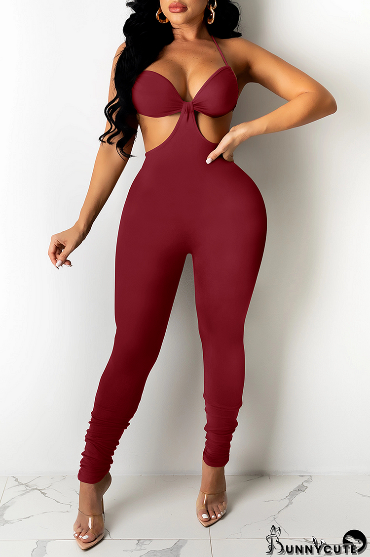 Burgundy Sexy Solid Patchwork Halter Skinny Jumpsuits