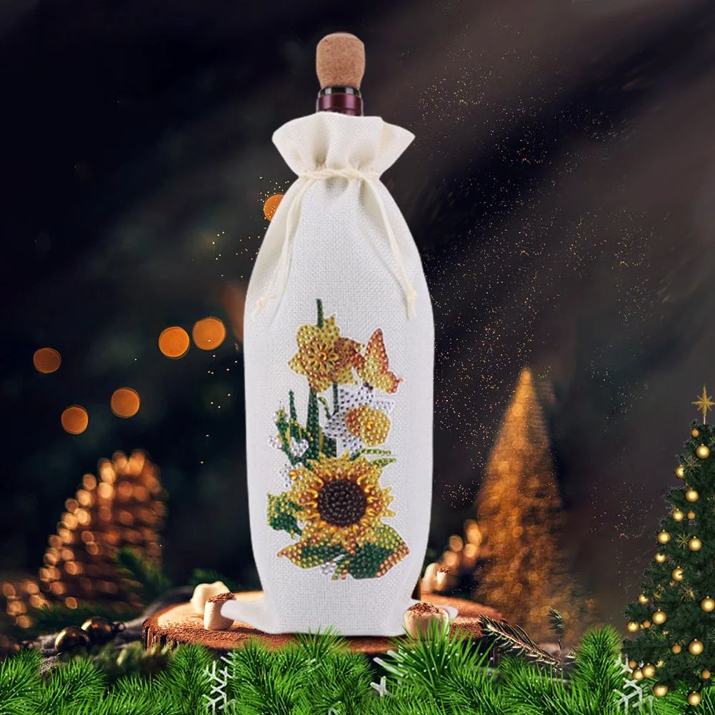 DIY Flower Diamond Painting Burlap Wine Gift Bags Label Liquor Bottle Covers