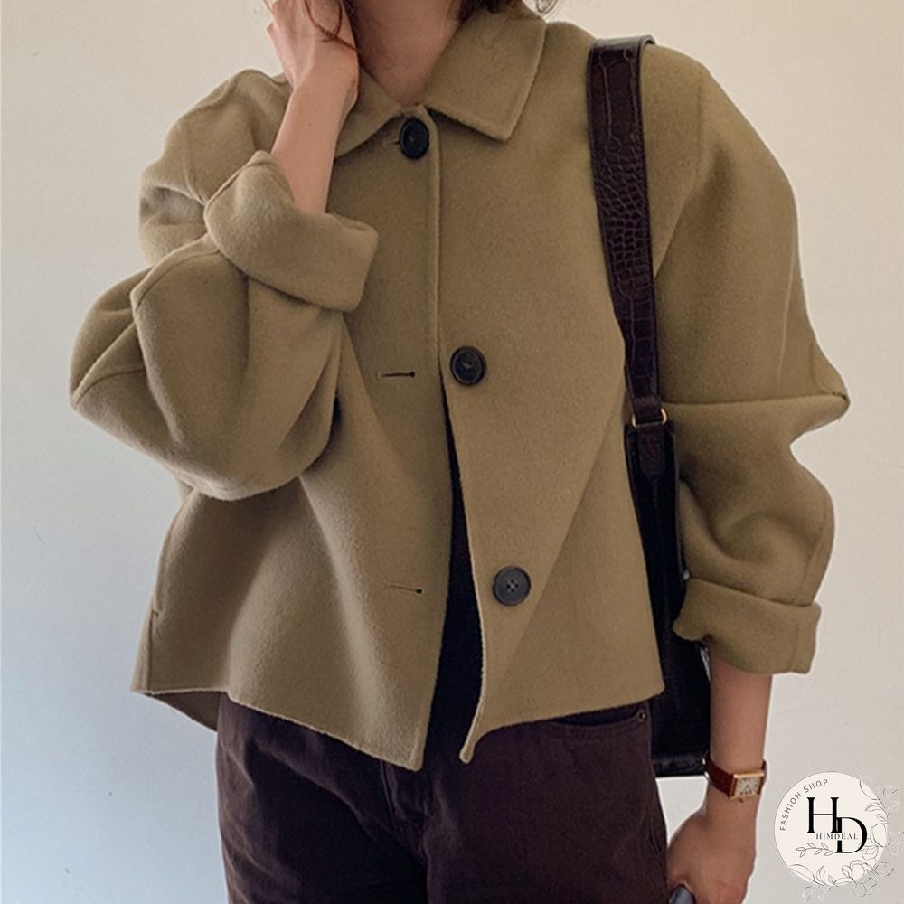 Casual Plain Shawl Collar Woolen Loose Jacket