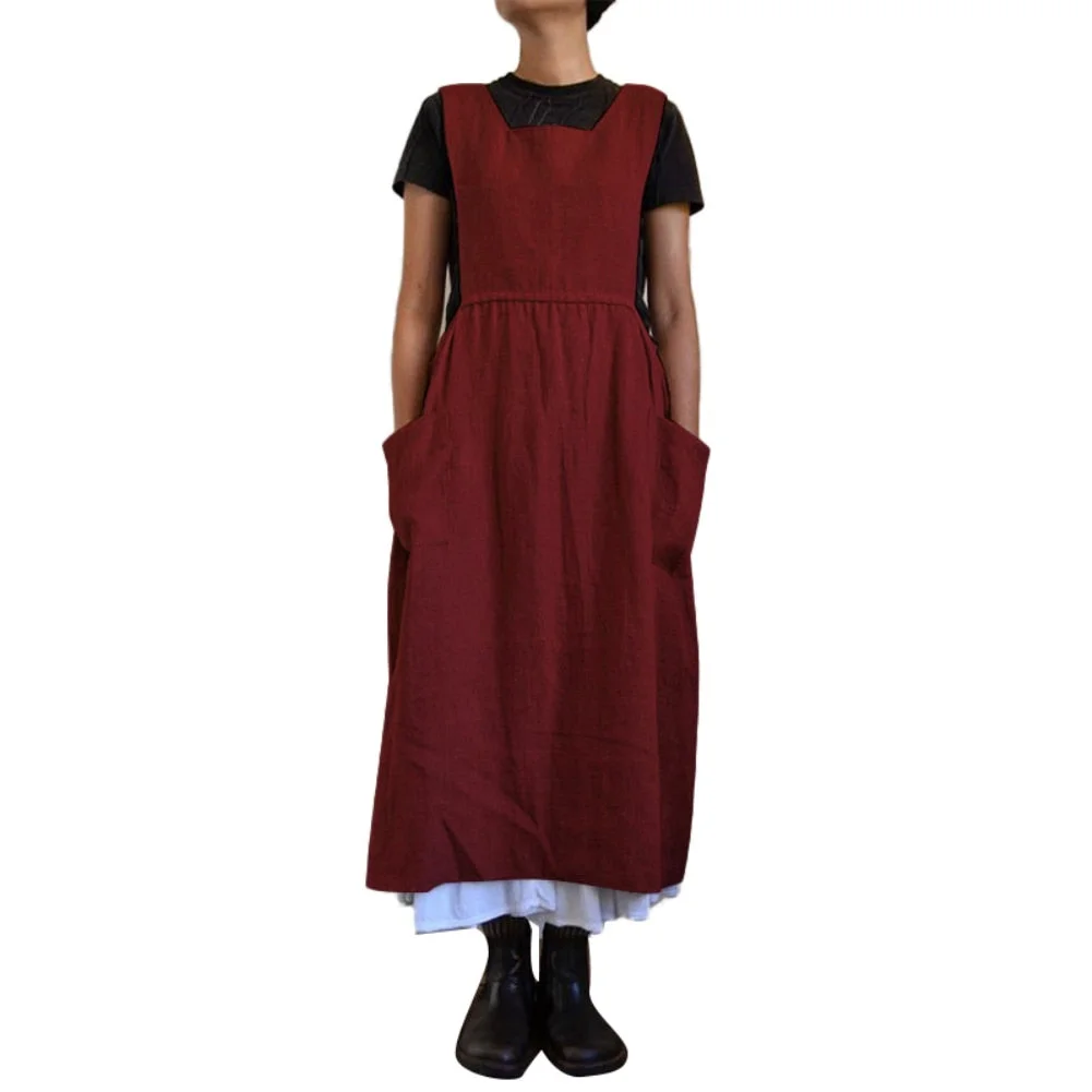 Dresses for Women 2021 Solid Color Sleeveless Square Neck Pockets Cotton Linen Apron Loose Long Dress Casual Overalls