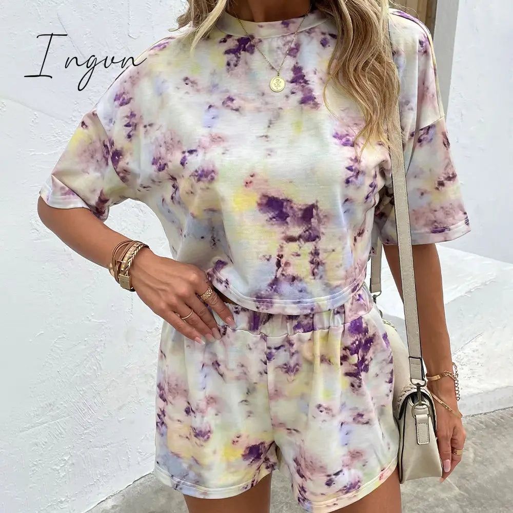 Ingvn - Tie Dye Round Neck Dropped Shoulder Top And Shorts Set Multicolor / S
