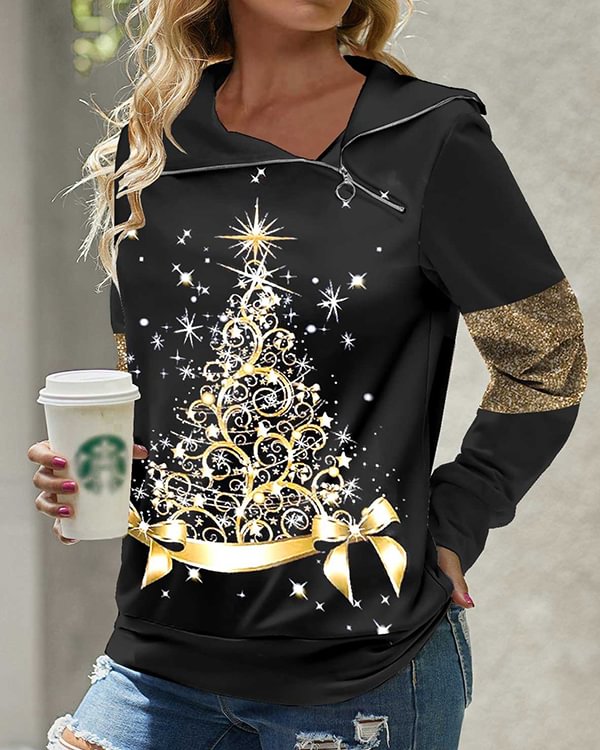 Gold Christmas Tree Printed Sweatshirt