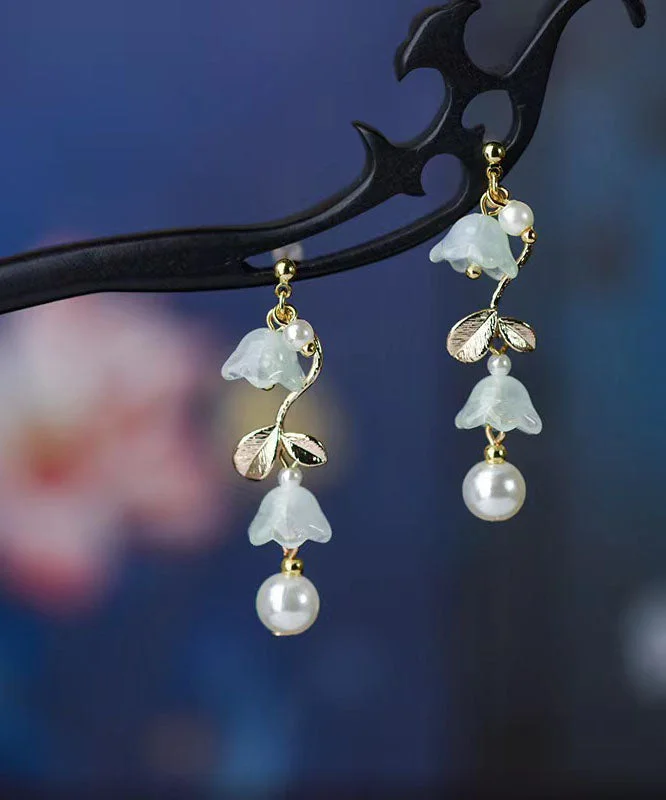 Elegant Cyan Alloy Pearl Tassel Bell Orchid Drop Earrings