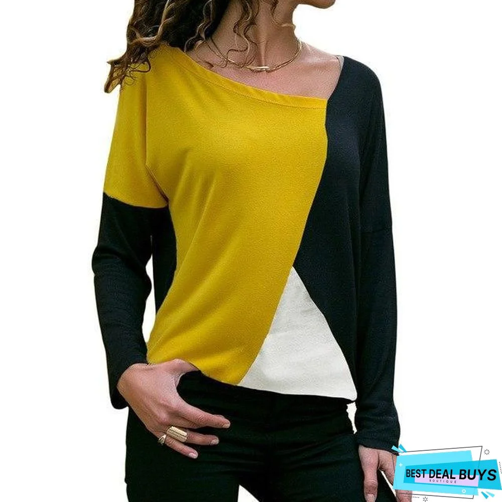 Women Long Sleeve T-Shirt Patchwork Color Block Shirt Pullover Cotton Casual Tops