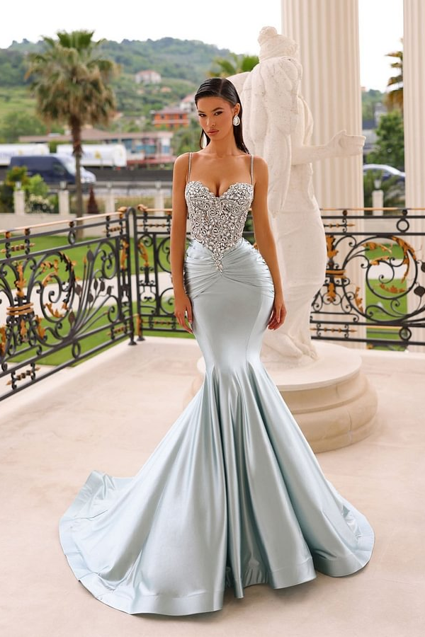 Lisliy Stunning Beaded Sleeveless Mermaid Spaghetti Straps Prom Dress Gown