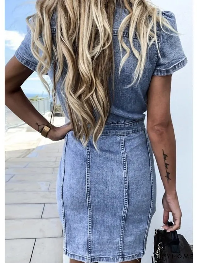 Denim Dress Denim Shirt Dress Midi Dress Denim Elegant Casual Daily Vacation Shirt Collar Button Pocket Short Sleeve Summer Spring Fall Slim Light Blue Pure Color S M L XL for Women | IFYHOME