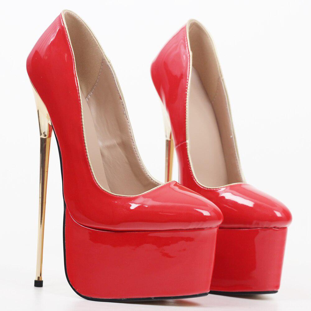 Women Platform Pumps 22cm High Heel PU Leather Gold Metal Heel Shallow Slip-on Shoes Male Shoes Sandals