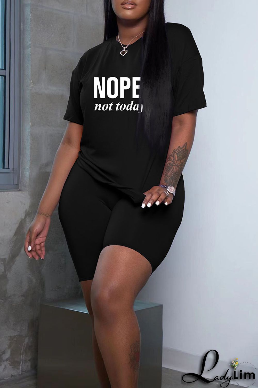 Grey Fashion Casual Letter Print Basic O Neck Short Sleeve Two Pieces