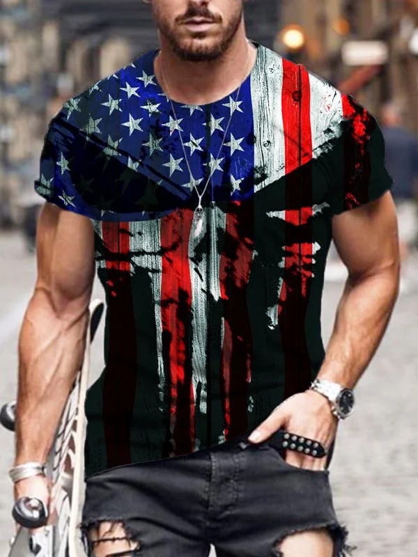 BrosWear Men's Skull American Flag Graphic Round Neck T Shirt