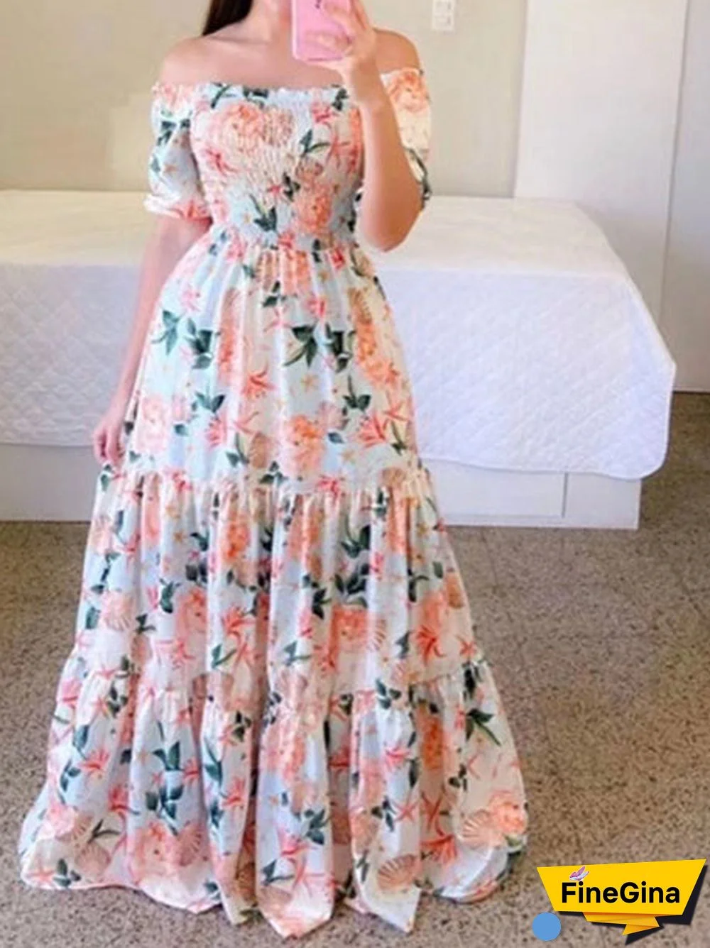 Women Sleeveless Off-shoulder Floral Printed Dress