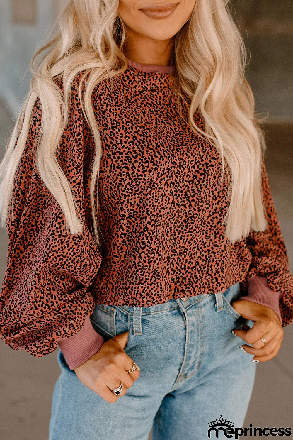 Vintage Leopard Bubble Sleeve Pullover Sweatshirt