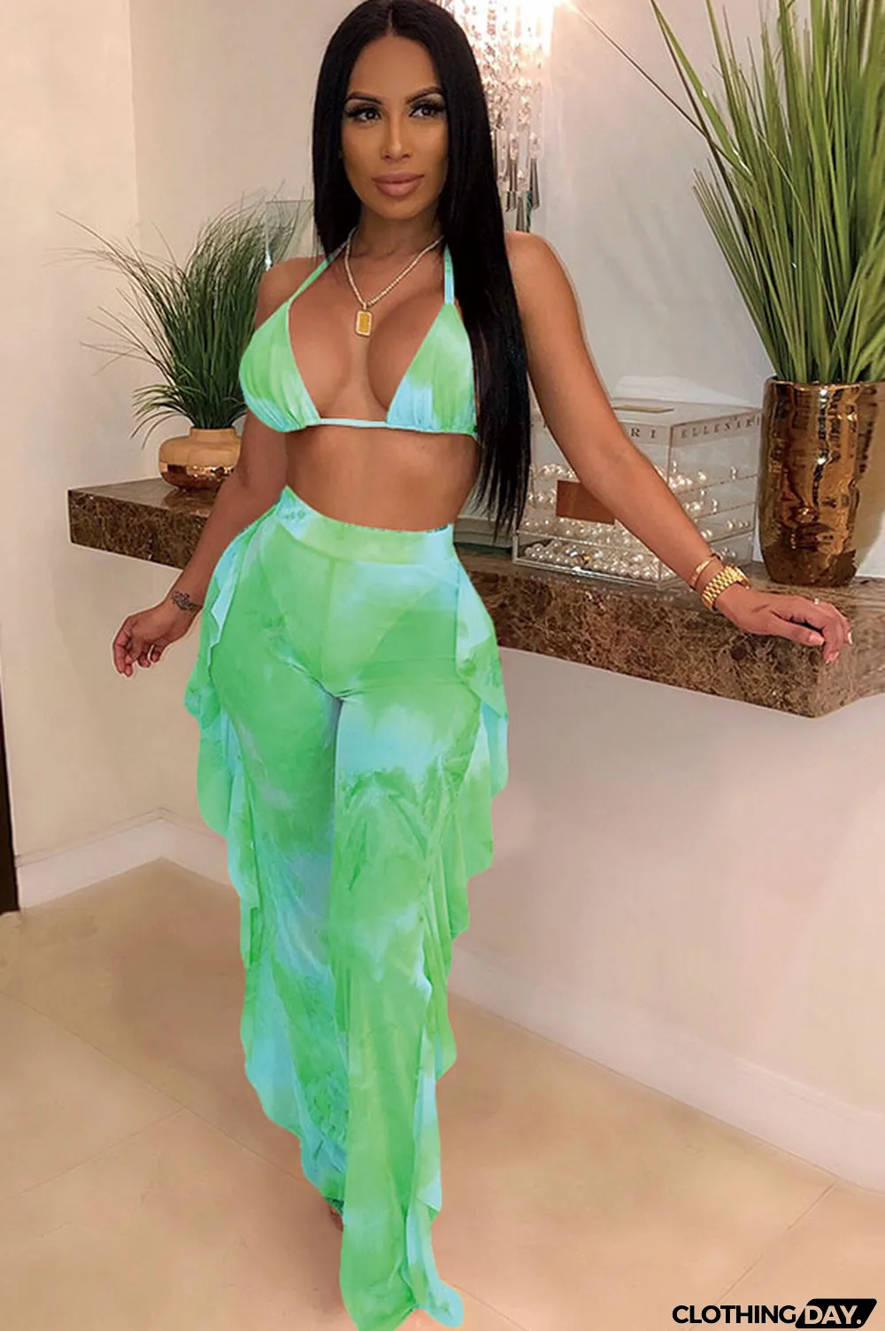 Yellow Polyester Sexy Fashion Stringy selvedge Print Tie Dye Patchwork Loose Sleeveless