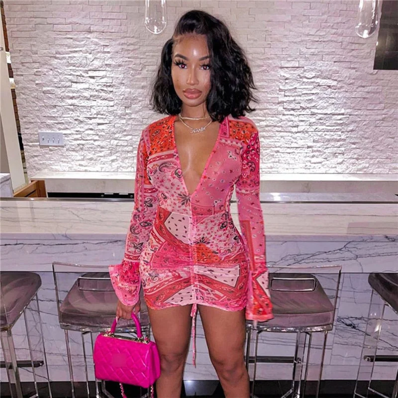 Deep V Neck Paisley Print Party Dresses Drawstring Mesh Flare Long Sleeve Transparent Club Outfit For Women Mini Dress