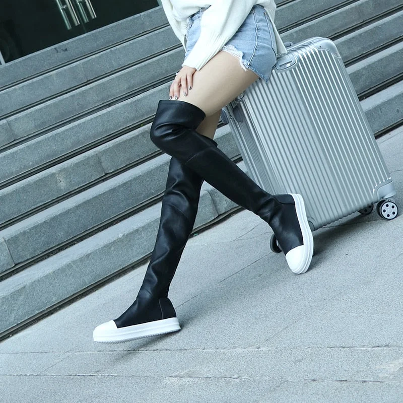 Comemore Women's Over-the-knee Boots 2021 New Girls Women Knee High Boot Leather Elastic Microfiber Flat Casual Platform Shoes