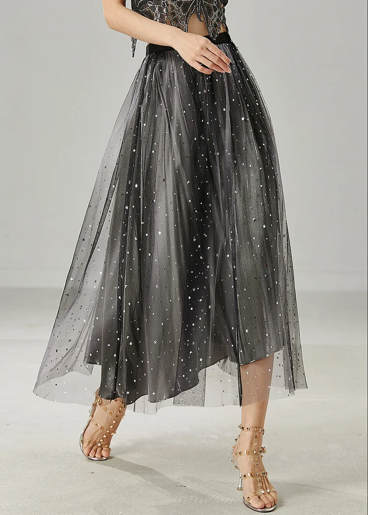 Organic Black Sequins Tulle Pleated Skirt Summer
