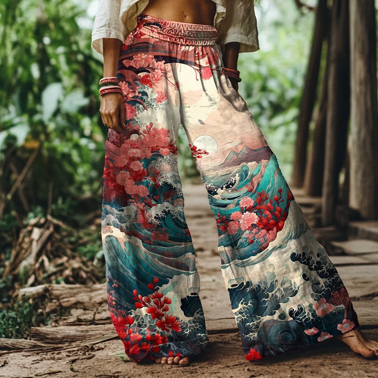 Vintage Japanese Art Print Loose Wide-leg Pants