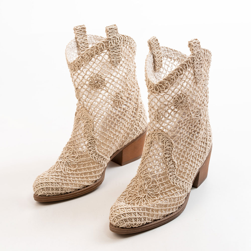 Classic Khaki Mid Block Heel Hollow-Out Western Boots for Women Nicepairs