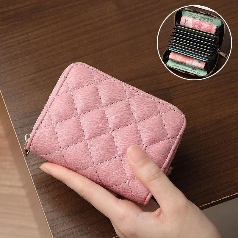 Female Small and Compact Diamond Grid Anti-theft PU Card Bag Fashionable Zipper Multi Slot Large Capacity Card Bag