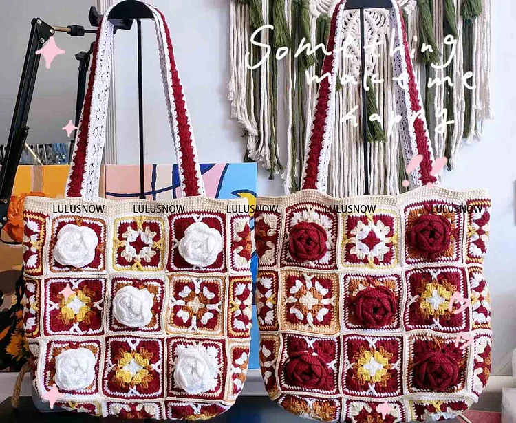 Lulusnow Handmade Red White 3D Camellia Granny Square Crochet Tote Bag Shoulder Bag 