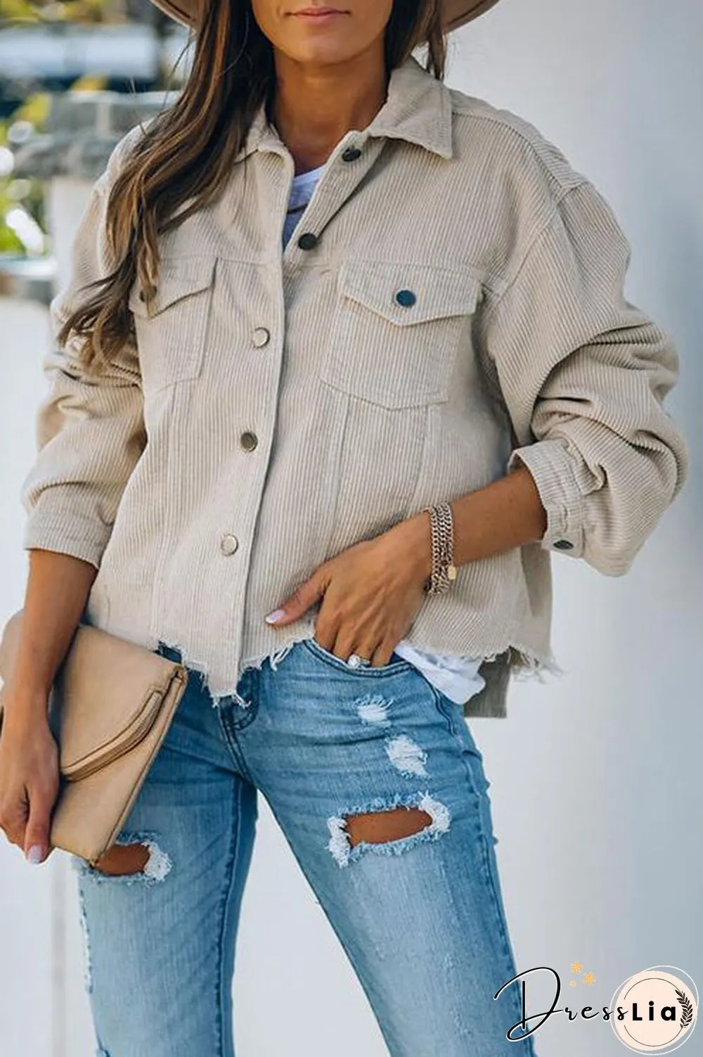 Frayed Hem Cropped Corduroy Jacket