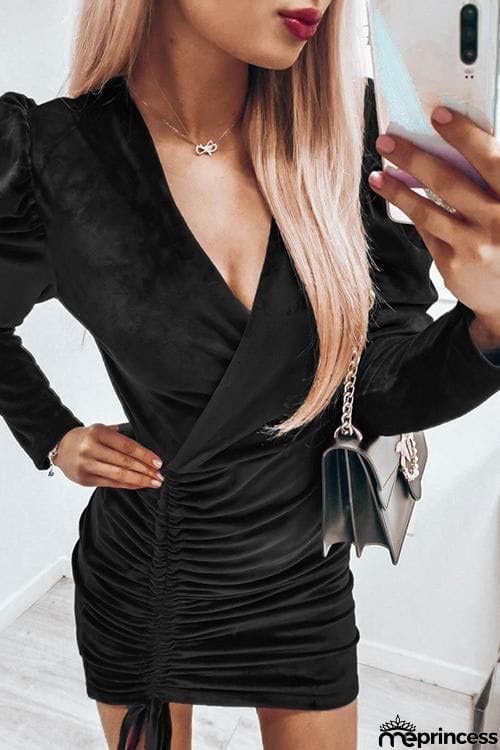 Velvet Drawstring Puff Sleeve Dress