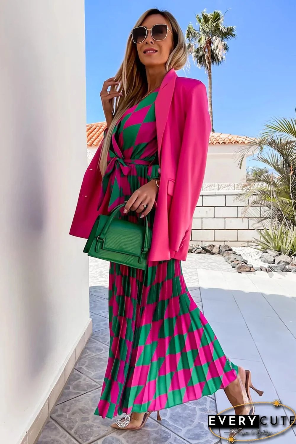 Multicolor Rhombus Contrast Color Block Belted Maxi Dress