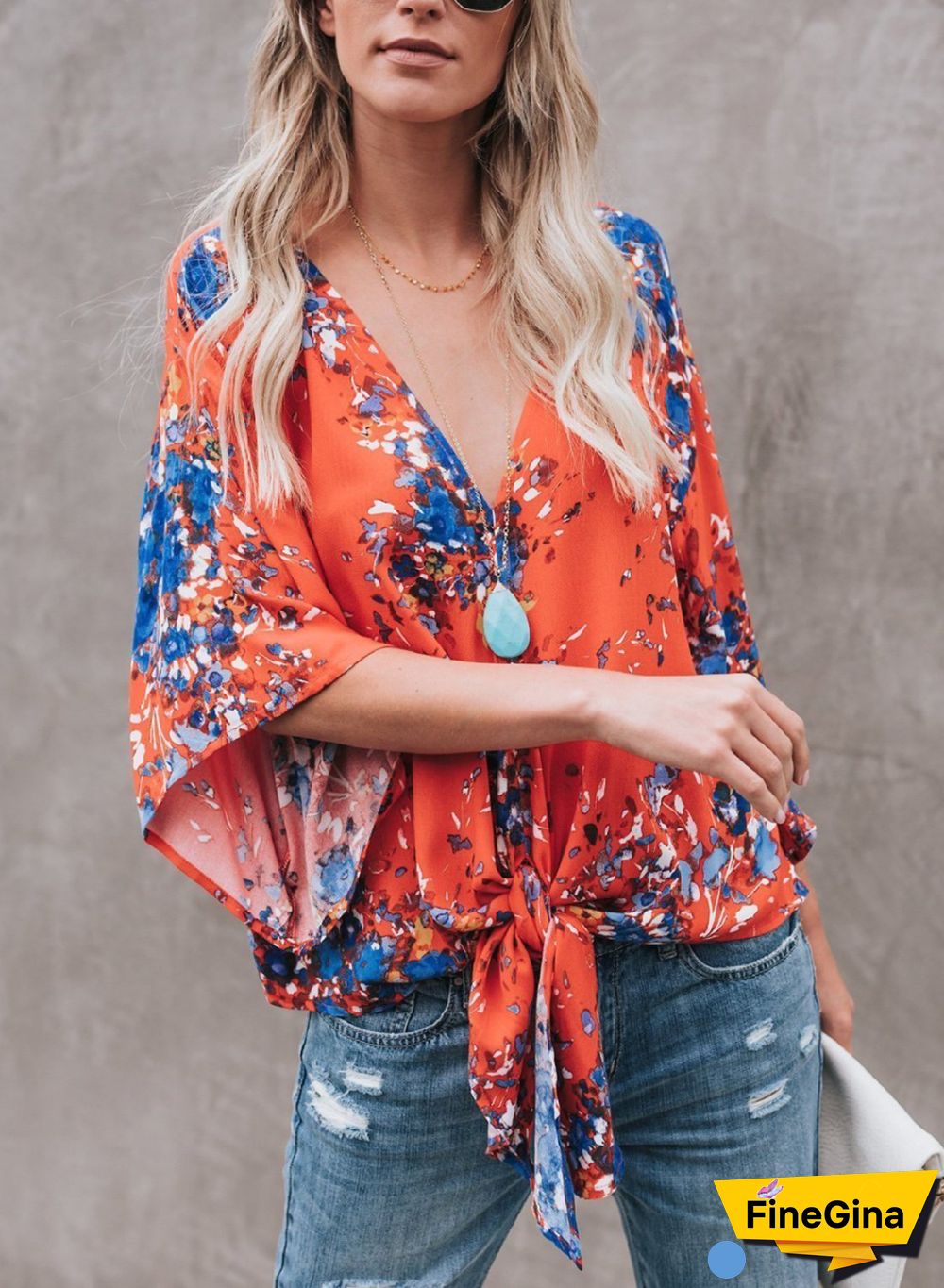 Red Chiffon Floral Print V Neck Half Bow Tie Loose Blouse