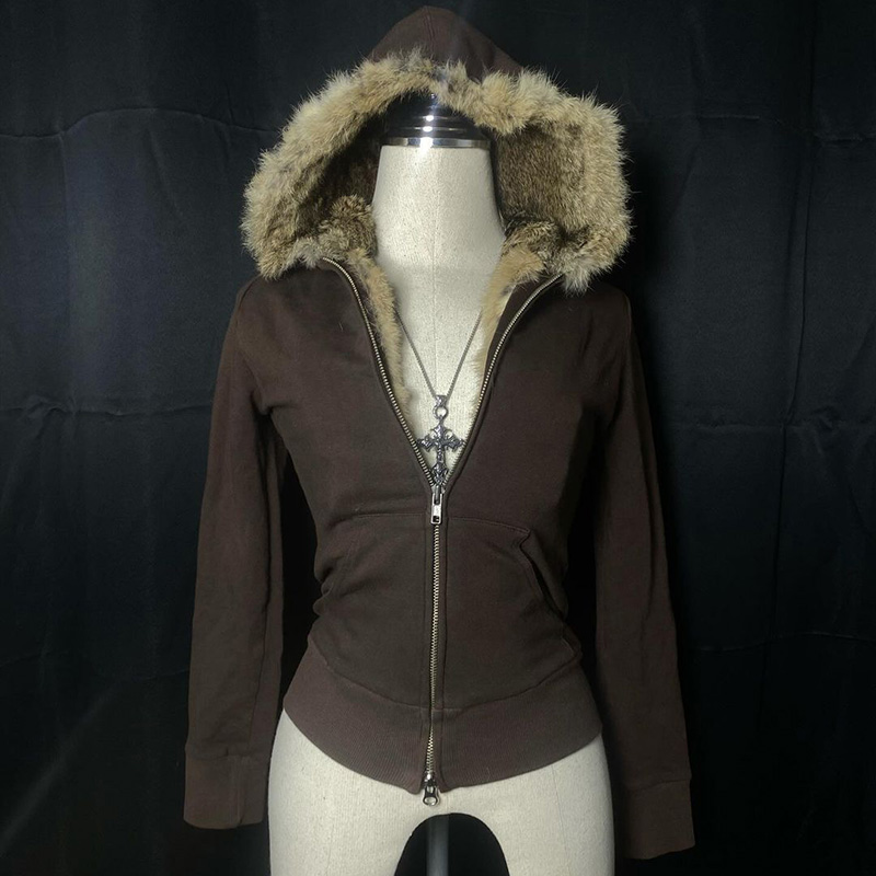 Aonga Plush liner retro Hoodie commuter Y2K top casual street rock aesthetics Harajuku punk hip-hops urban fashion chic women's hooded aonga