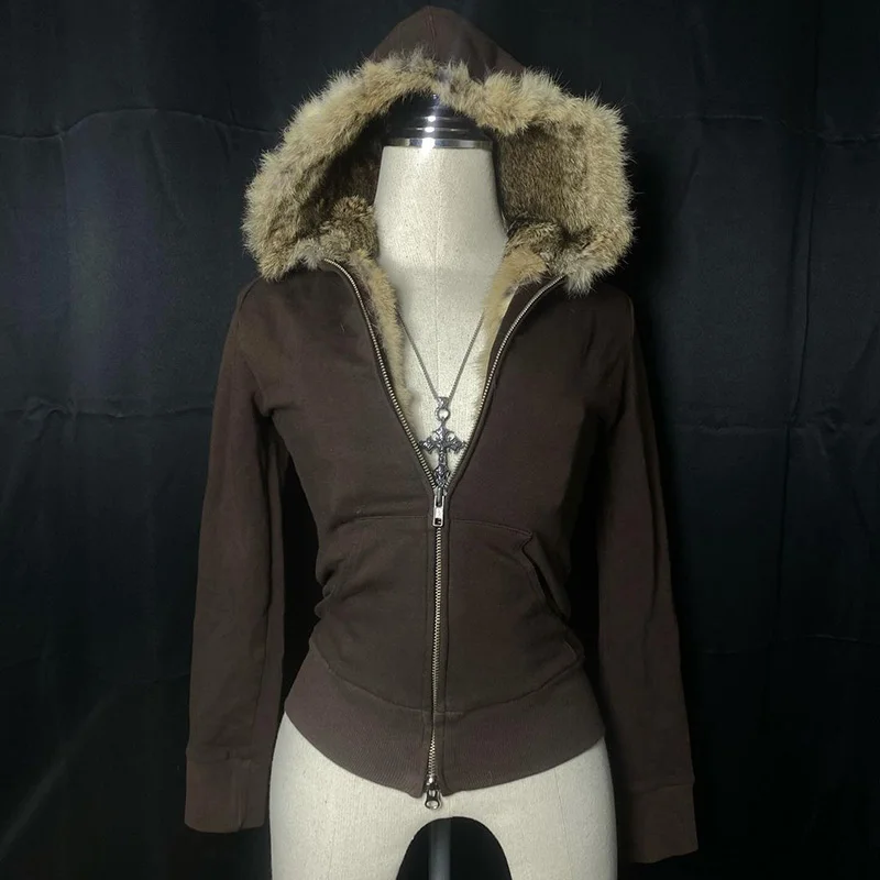 Aonga Plush liner retro Hoodie commuter Y2K top casual street rock aesthetics Harajuku punk hip-hops urban fashion chic women's hooded aonga