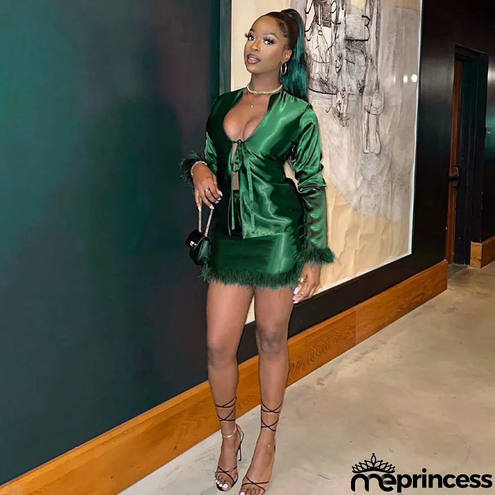 Solid Long Sleeve Tie Up T Shirt And Slim Skirt Two Piece Set