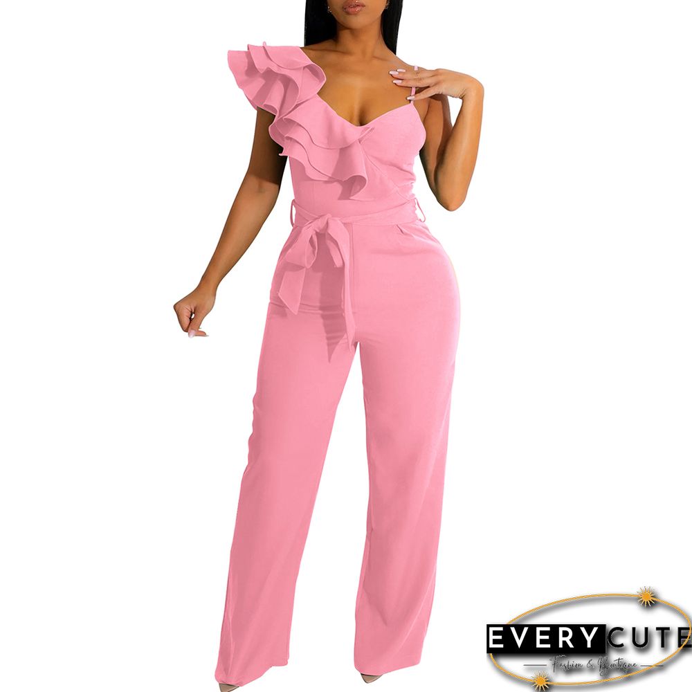 Pink Ruffle One Shoulder Sleeveless V Neck Jumpsuit