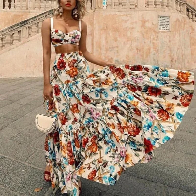 Women Floral Print Top High Wasist Long Skirt Set Two Pieces Sling Crop Top & Big Swing Skirt Suits Elegant Femme Outfit Vestido