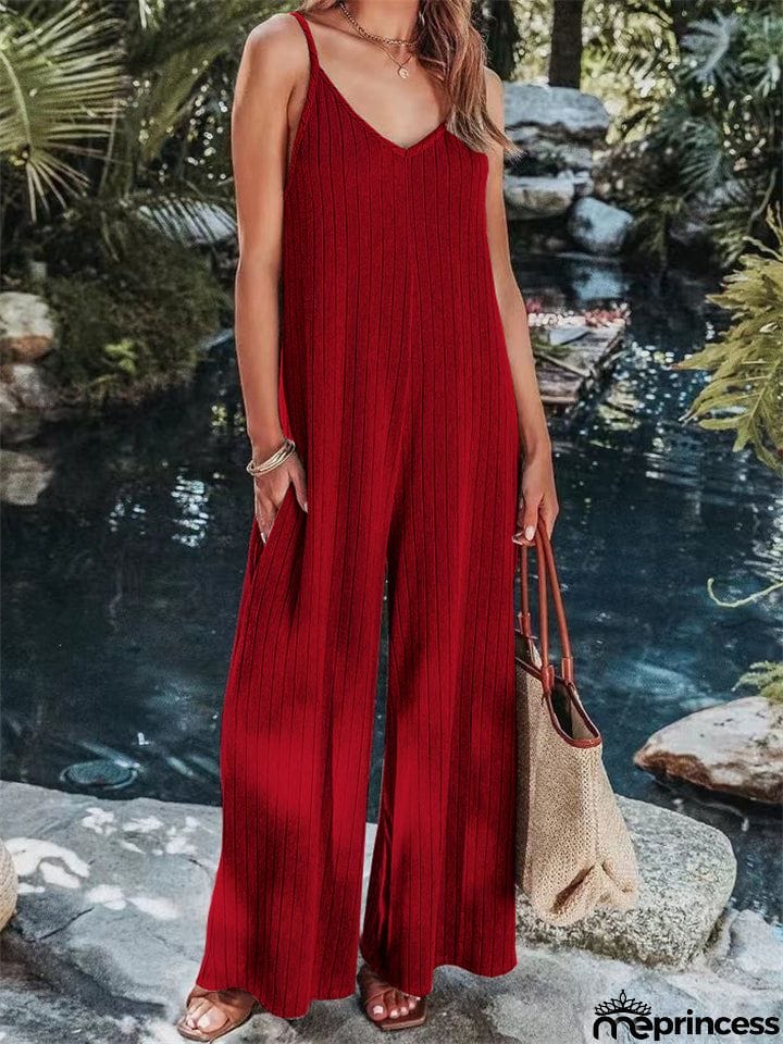 Vacation V Neck Backless Elegant Straight Leg Jumpsuit for Lady