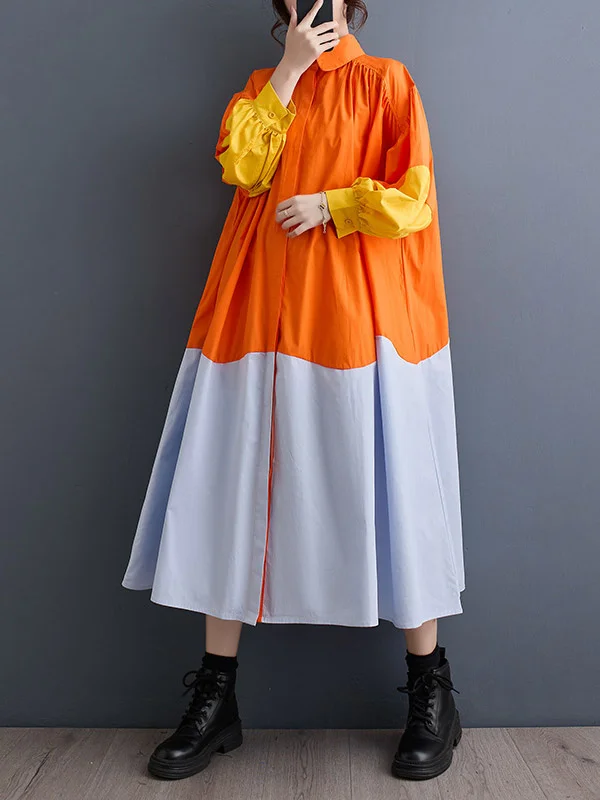 Loose Puff Sleeves Contrast Color Pleated Split-Joint Lapel Midi Dresses Shirt Dress
