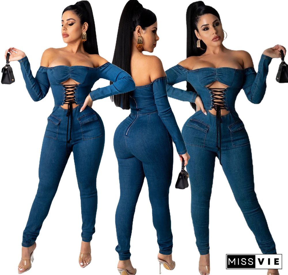 Women Off Shoulder Long Sleeve Hollow Out Lace Up Jumpsuit
