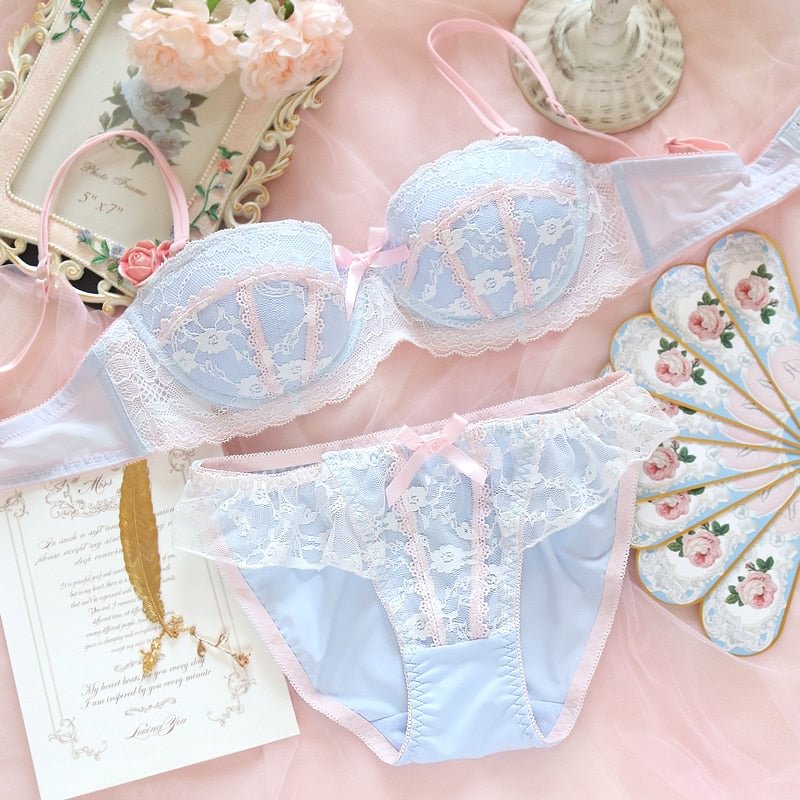 Underwear sweet and cute lace lingerie with briefs set girl heart fresh steel ring gathered thin bra set large size bralette