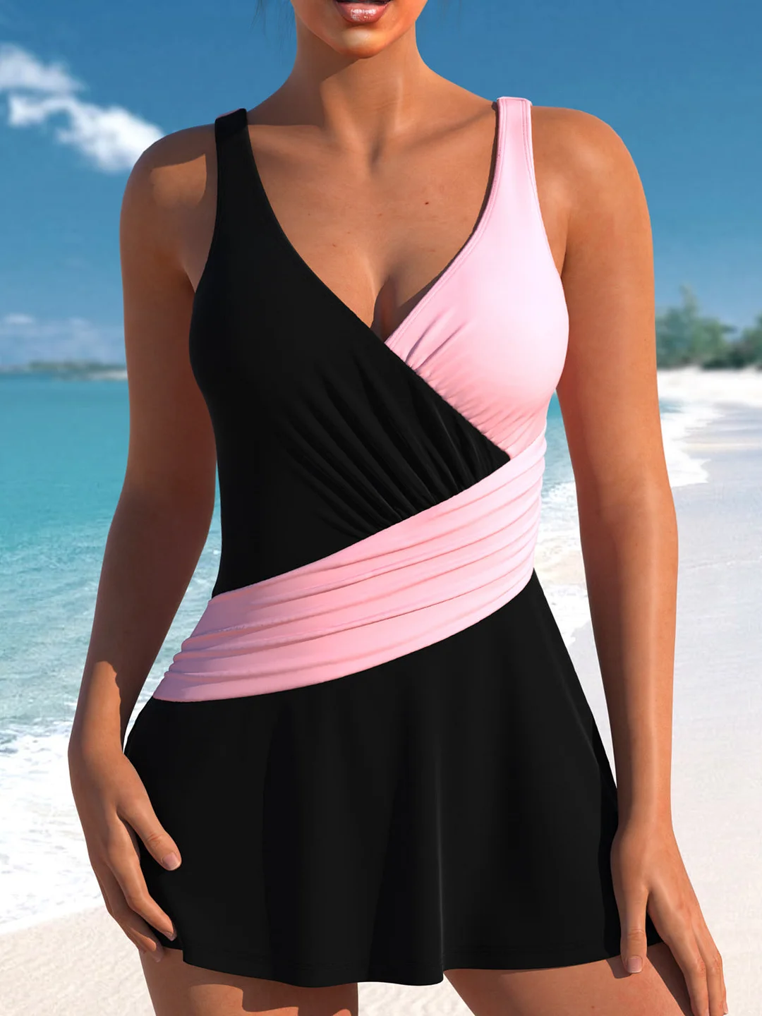 Women plus size clothing Surplice Black Colorblock Print One Piece Swimdress-Nordswear