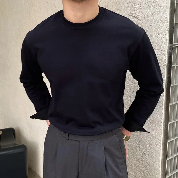 Men's Retro Casual Solid Color Round Neck Long Sleeve T-Shirt 14486875TO