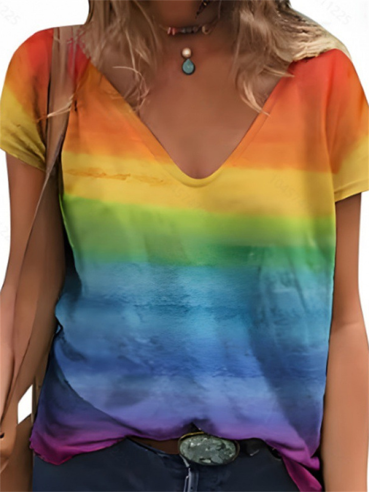 Short-sleeved T-shirt Female Summer Stripes Gradient Leopard Print Stitching Tops Female