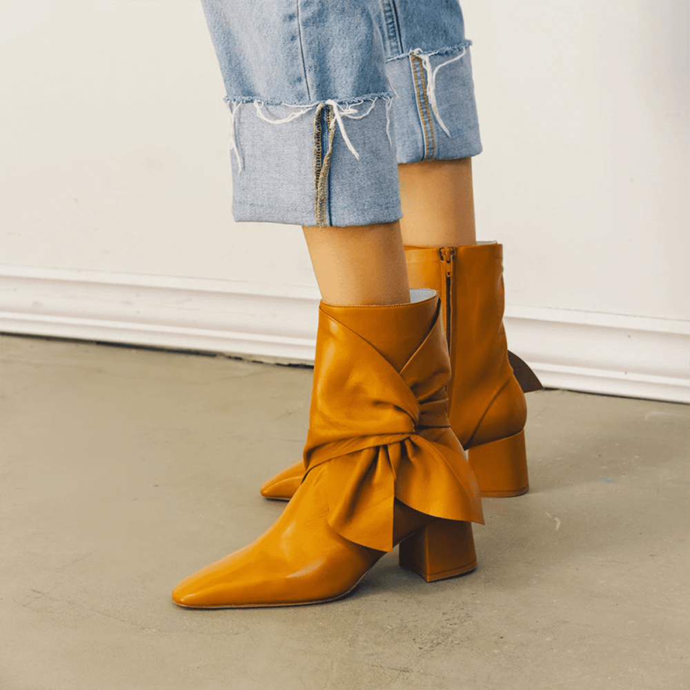 Women's Yellow Pointed Toe Chunky Heel Knotted Ankle Boots Nicepairs