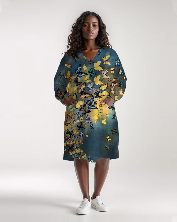 Plus Size Women's Butterfly Print Casual Pocket V Neck Dress