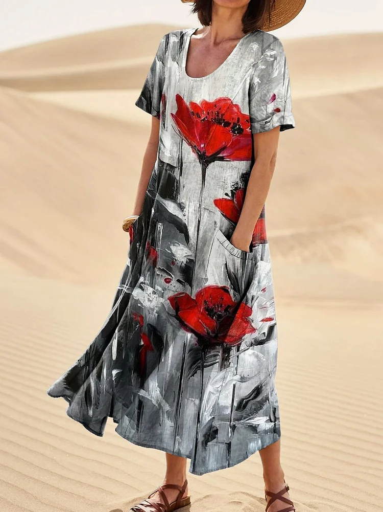 Ink Poppy Flower Print Women's Linen Pocket Dress