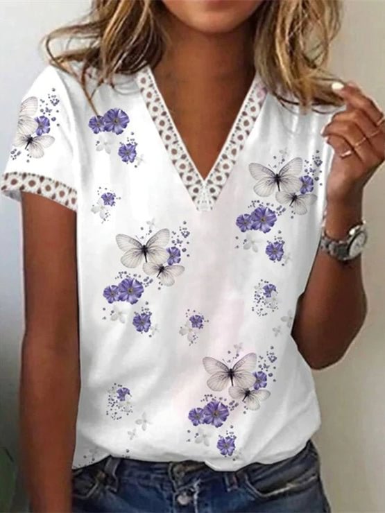 Unique Floral Print Short Sleeve Top