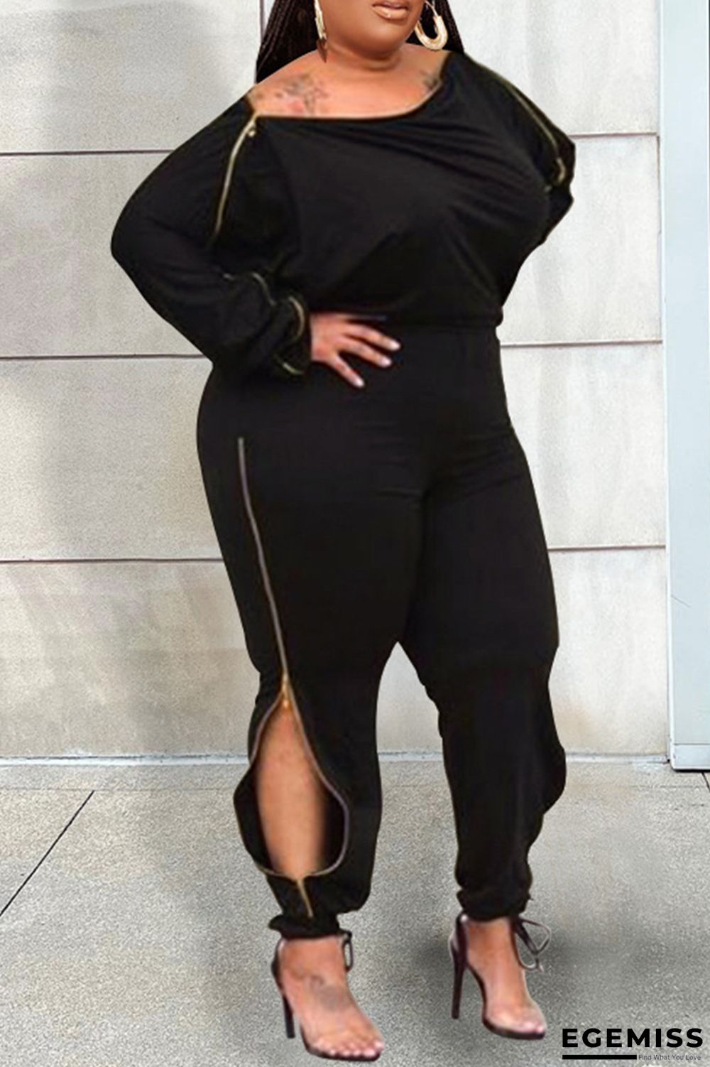 Black Casual Solid Patchwork Zipper O Neck Plus Size Jumpsuits | EGEMISS