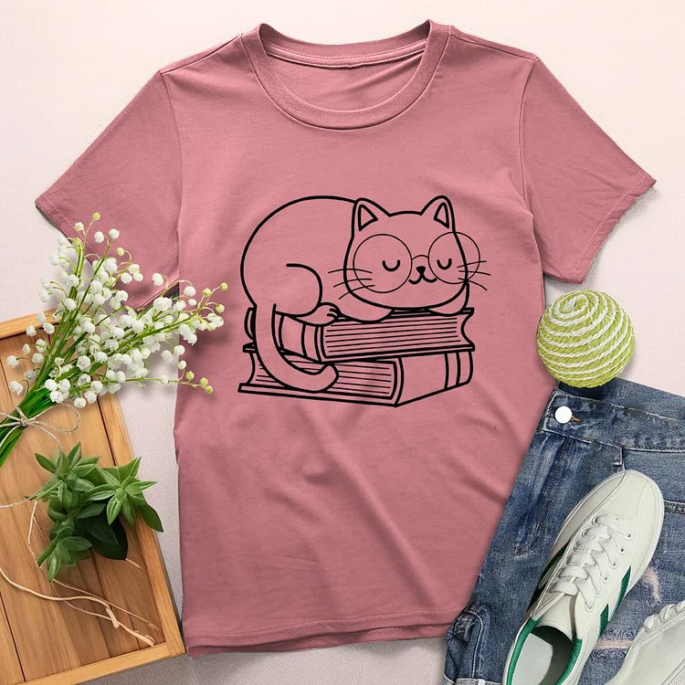 Cats and books are my favorite Round Neck T-shirt-0025185