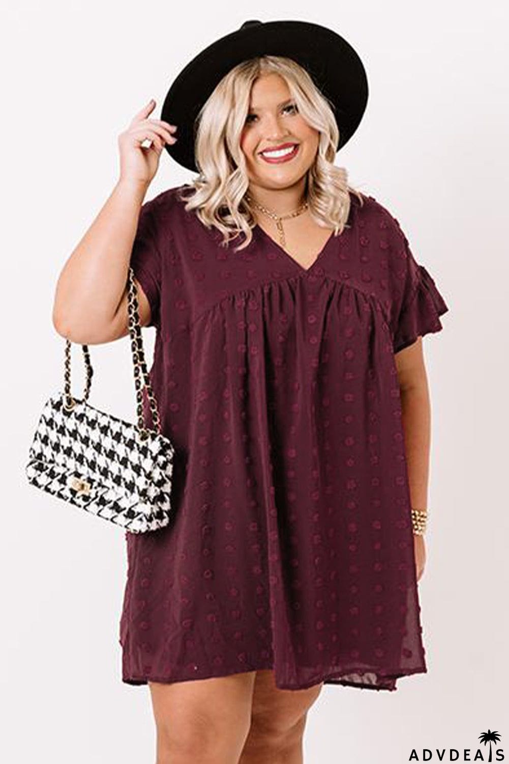 Plus Size V Neck Ruffle Swiss Dot Mini Dress with Pocket